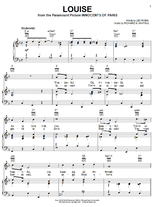 Preview Leo Robin Louise Pop sheet music, notes and chords for Piano, Vocal & Guitar (Right-Hand Melody), SKU: 16663 sheet music, piano notes, chords, guitar tabs, score, transpose, transcribe, how to play, guide, download, learn, tutorial, progression, song, artist, awards, billboard, mtv, vh1, tour, single, album, release