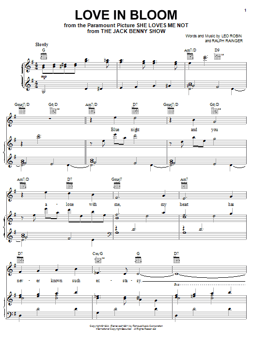 Preview Leo Robin Love In Bloom Jazz sheet music, notes and chords for Piano, Vocal & Guitar (Right-Hand Melody), SKU: 16665 sheet music, piano notes, chords, guitar tabs, score, transpose, transcribe, how to play, guide, download, learn, tutorial, progression, song, artist, awards, billboard, mtv, vh1, tour, single, album, release