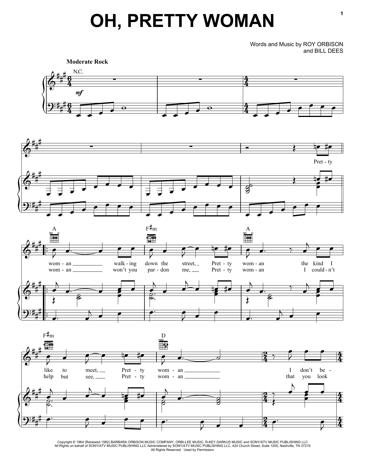 Preview Roy Orbison Oh, Pretty Woman Pop sheet music, notes and chords for Piano, Vocal & Guitar (Right-Hand Melody), SKU: 16670 sheet music, piano notes, chords, guitar tabs, score, transpose, transcribe, how to play, guide, download, learn, tutorial, progression, song, artist, awards, billboard, mtv, vh1, tour, single, album, release
