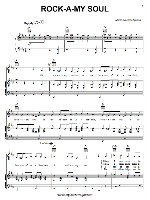 Preview African-American Spiritual Rock A My Soul Religious sheet music, notes and chords for Piano, Vocal & Guitar (Right-Hand Melody), SKU: 16675 sheet music, piano notes, chords, guitar tabs, score, transpose, transcribe, how to play, guide, download, learn, tutorial, progression, song, artist, awards, billboard, mtv, vh1, tour, single, album, release