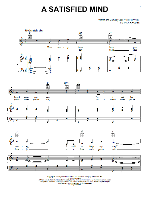 Preview Porter Wagoner A Satisfied Mind Country sheet music, notes and chords for Piano, Vocal & Guitar (Right-Hand Melody), SKU: 16676 sheet music, piano notes, chords, guitar tabs, score, transpose, transcribe, how to play, guide, download, learn, tutorial, progression, song, artist, awards, billboard, mtv, vh1, tour, single, album, release