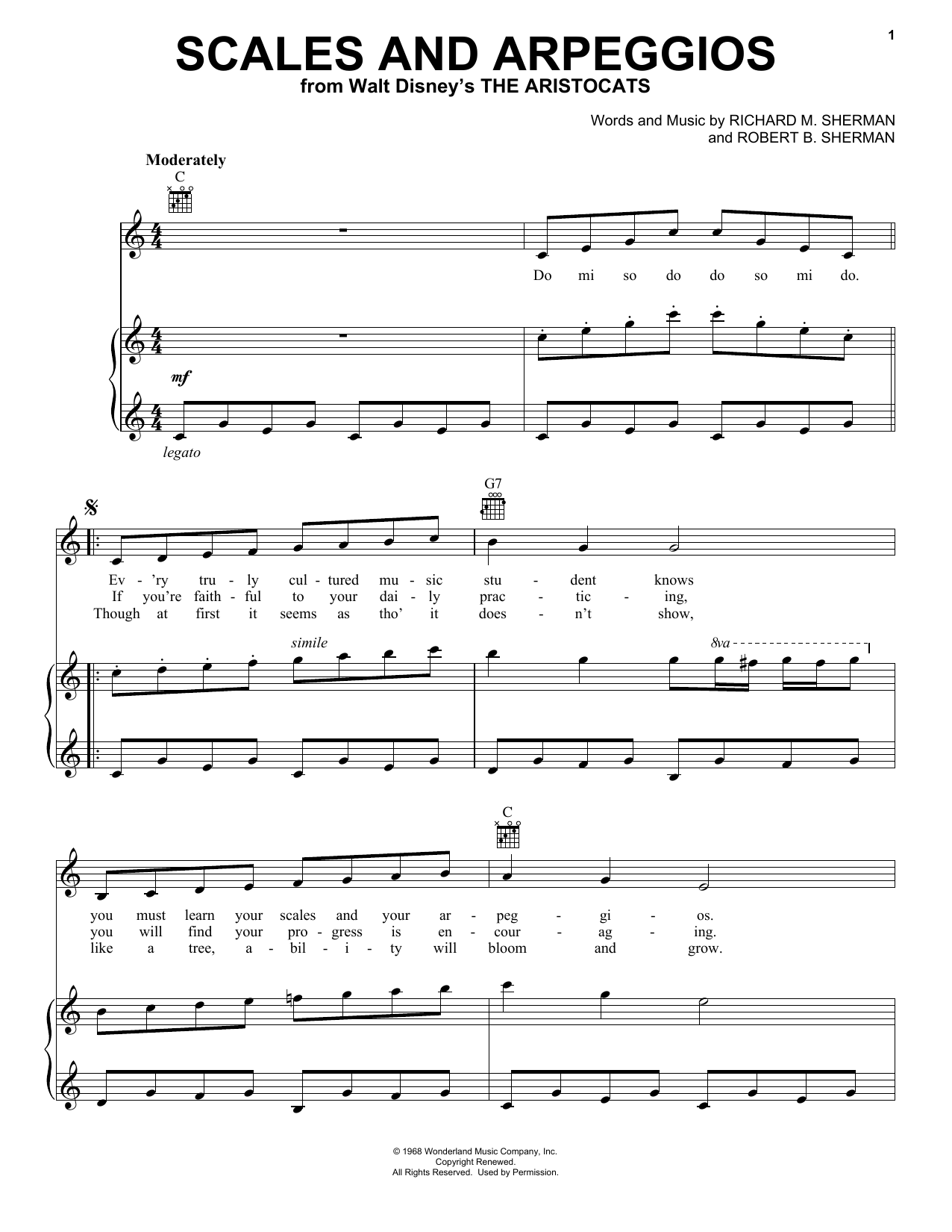 Preview Sherman Brothers Scales And Arpeggios Children sheet music, notes and chords for Piano, Vocal & Guitar (Right-Hand Melody), SKU: 16677 sheet music, piano notes, chords, guitar tabs, score, transpose, transcribe, how to play, guide, download, learn, tutorial, progression, song, artist, awards, billboard, mtv, vh1, tour, single, album, release
