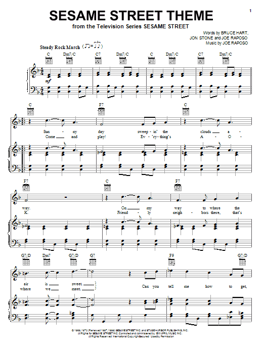 Preview Joe Raposo Sesame Street Theme Children sheet music, notes and chords for Piano, Vocal & Guitar (Right-Hand Melody), SKU: 16678 sheet music, piano notes, chords, guitar tabs, score, transpose, transcribe, how to play, guide, download, learn, tutorial, progression, song, artist, awards, billboard, mtv, vh1, tour, single, album, release