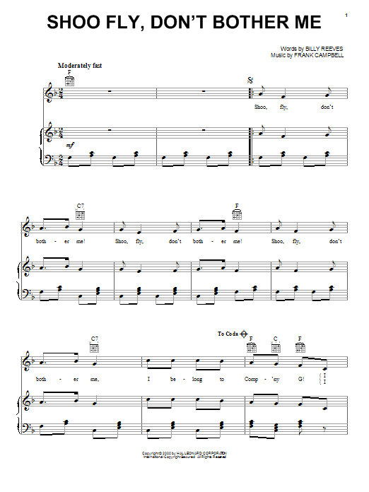 Preview Billy Reeves Shoo Fly, Don't Bother Me Film and TV sheet music, notes and chords for Piano, Vocal & Guitar (Right-Hand Melody), SKU: 16679 sheet music, piano notes, chords, guitar tabs, score, transpose, transcribe, how to play, guide, download, learn, tutorial, progression, song, artist, awards, billboard, mtv, vh1, tour, single, album, release