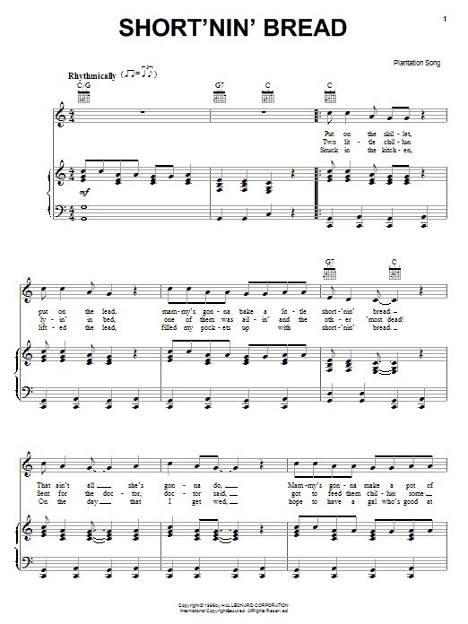 Preview Plantation Song Short'nin' Bread Children sheet music, notes and chords for Piano, Vocal & Guitar (Right-Hand Melody), SKU: 16680 sheet music, piano notes, chords, guitar tabs, score, transpose, transcribe, how to play, guide, download, learn, tutorial, progression, song, artist, awards, billboard, mtv, vh1, tour, single, album, release