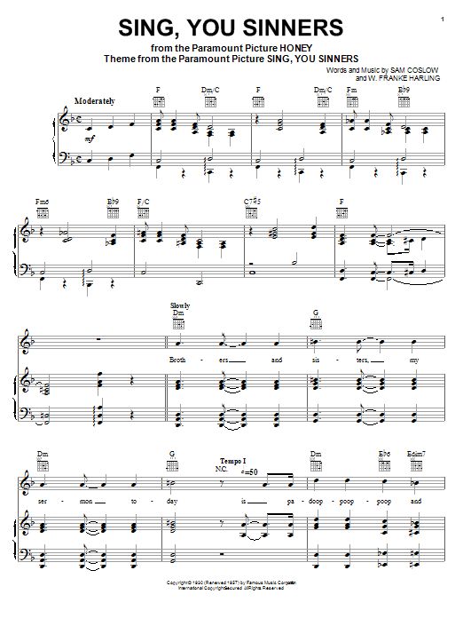 Preview Sam Coslow Sing, You Sinners Musicals sheet music, notes and chords for Piano, Vocal & Guitar (Right-Hand Melody), SKU: 16681 sheet music, piano notes, chords, guitar tabs, score, transpose, transcribe, how to play, guide, download, learn, tutorial, progression, song, artist, awards, billboard, mtv, vh1, tour, single, album, release