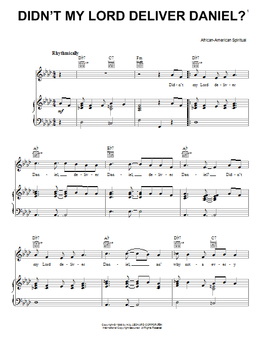 Preview Traditional Spiritual Didn't My Lord Deliver Daniel? Folk sheet music, notes and chords for Piano, Vocal & Guitar (Right-Hand Melody), SKU: 16688 sheet music, piano notes, chords, guitar tabs, score, transpose, transcribe, how to play, guide, download, learn, tutorial, progression, song, artist, awards, billboard, mtv, vh1, tour, single, album, release