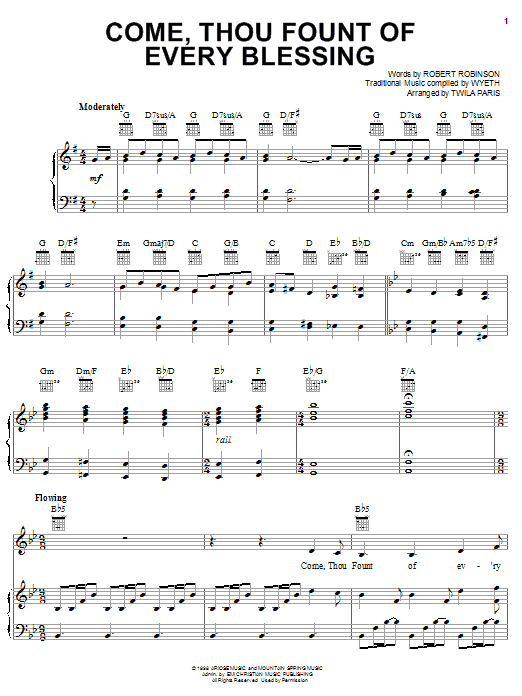 Preview Twila Paris Come, Thou Fount Of Every Blessing Hymn sheet music, notes and chords for Piano, Vocal & Guitar (Right-Hand Melody), SKU: 16690 sheet music, piano notes, chords, guitar tabs, score, transpose, transcribe, how to play, guide, download, learn, tutorial, progression, song, artist, awards, billboard, mtv, vh1, tour, single, album, release