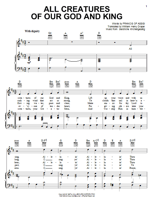 Preview Francis of Assisi All Creatures Of Our God And King Classical sheet music, notes and chords for Piano, Vocal & Guitar (Right-Hand Melody), SKU: 16691 sheet music, piano notes, chords, guitar tabs, score, transpose, transcribe, how to play, guide, download, learn, tutorial, progression, song, artist, awards, billboard, mtv, vh1, tour, single, album, release
