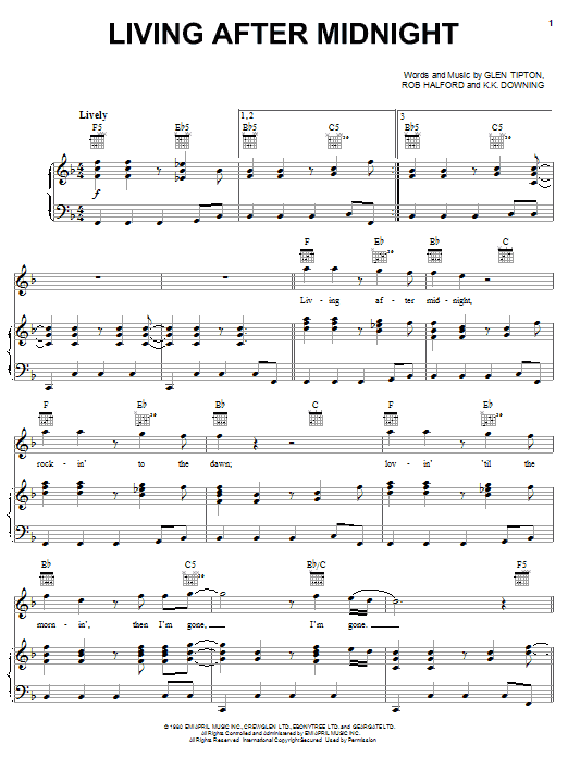 Preview Judas Priest Living After Midnight Rock sheet music, notes and chords for Piano, Vocal & Guitar (Right-Hand Melody), SKU: 16694 sheet music, piano notes, chords, guitar tabs, score, transpose, transcribe, how to play, guide, download, learn, tutorial, progression, song, artist, awards, billboard, mtv, vh1, tour, single, album, release