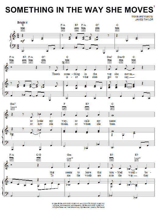 Preview James Taylor Something In The Way She Moves Rock sheet music, notes and chords for Piano, Vocal & Guitar (Right-Hand Melody), SKU: 16697 sheet music, piano notes, chords, guitar tabs, score, transpose, transcribe, how to play, guide, download, learn, tutorial, progression, song, artist, awards, billboard, mtv, vh1, tour, single, album, release