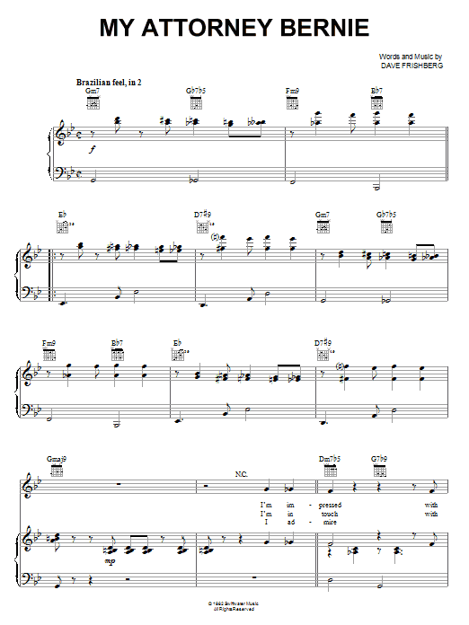 Preview Dave Frishberg My Attorney Bernie Jazz sheet music, notes and chords for Piano, Vocal & Guitar (Right-Hand Melody), SKU: 16698 sheet music, piano notes, chords, guitar tabs, score, transpose, transcribe, how to play, guide, download, learn, tutorial, progression, song, artist, awards, billboard, mtv, vh1, tour, single, album, release
