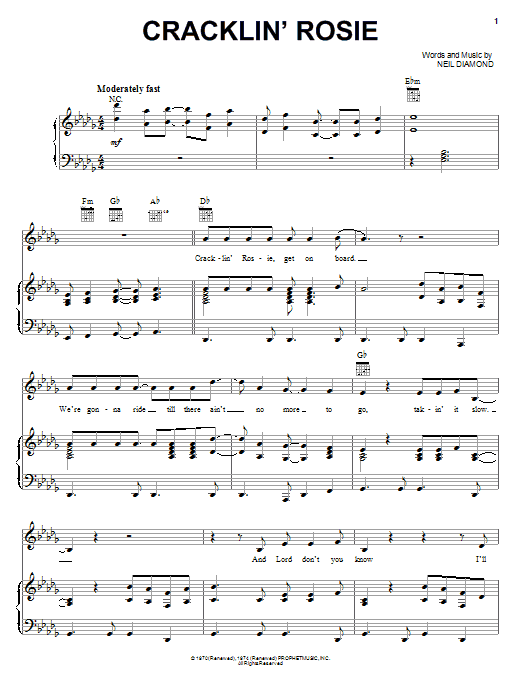 Preview Neil Diamond Cracklin' Rosie Pop sheet music, notes and chords for Piano, Vocal & Guitar (Right-Hand Melody), SKU: 16700 sheet music, piano notes, chords, guitar tabs, score, transpose, transcribe, how to play, guide, download, learn, tutorial, progression, song, artist, awards, billboard, mtv, vh1, tour, single, album, release