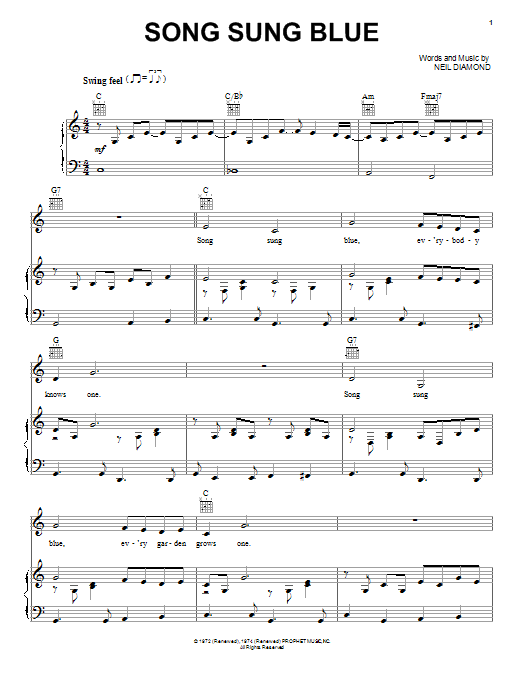 Preview Neil Diamond Song Sung Blue Rock sheet music, notes and chords for Piano, Vocal & Guitar (Right-Hand Melody), SKU: 16701 sheet music, piano notes, chords, guitar tabs, score, transpose, transcribe, how to play, guide, download, learn, tutorial, progression, song, artist, awards, billboard, mtv, vh1, tour, single, album, release