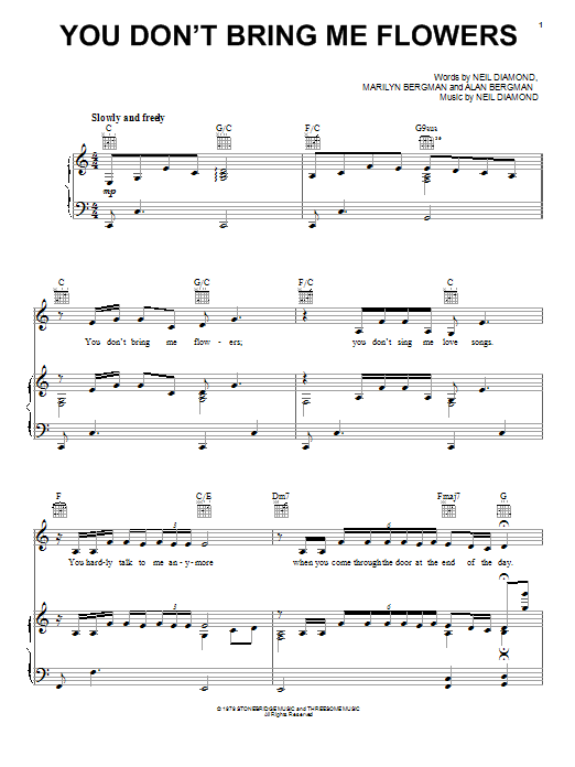 Preview Neil Diamond & Barbra Streisand You Don't Bring Me Flowers Pop sheet music, notes and chords for Piano, Vocal & Guitar (Right-Hand Melody), SKU: 16702 sheet music, piano notes, chords, guitar tabs, score, transpose, transcribe, how to play, guide, download, learn, tutorial, progression, song, artist, awards, billboard, mtv, vh1, tour, single, album, release