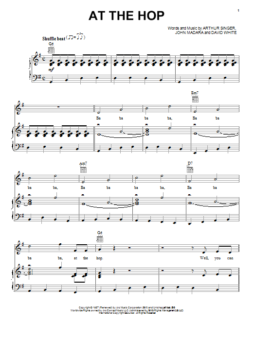 Preview Danny & The Juniors At The Hop Rock sheet music, notes and chords for Piano, Vocal & Guitar (Right-Hand Melody), SKU: 16703 sheet music, piano notes, chords, guitar tabs, score, transpose, transcribe, how to play, guide, download, learn, tutorial, progression, song, artist, awards, billboard, mtv, vh1, tour, single, album, release