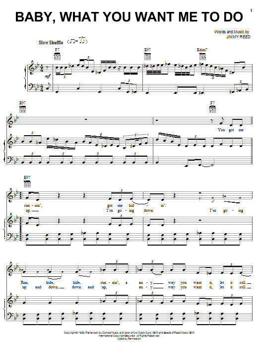 Preview Etta James Baby, What You Want Me To Do Soul sheet music, notes and chords for Piano, Vocal & Guitar (Right-Hand Melody), SKU: 16704 sheet music, piano notes, chords, guitar tabs, score, transpose, transcribe, how to play, guide, download, learn, tutorial, progression, song, artist, awards, billboard, mtv, vh1, tour, single, album, release