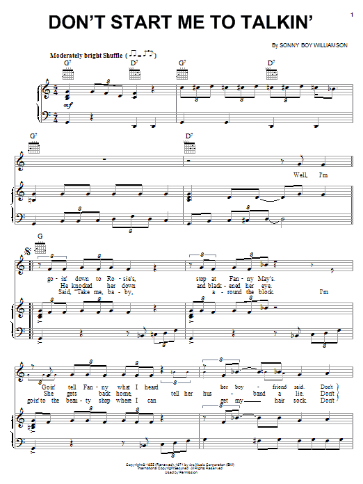 Preview Sonny Boy Williamson Don't Start Me To Talkin' Jazz sheet music, notes and chords for Piano, Vocal & Guitar (Right-Hand Melody), SKU: 16707 sheet music, piano notes, chords, guitar tabs, score, transpose, transcribe, how to play, guide, download, learn, tutorial, progression, song, artist, awards, billboard, mtv, vh1, tour, single, album, release