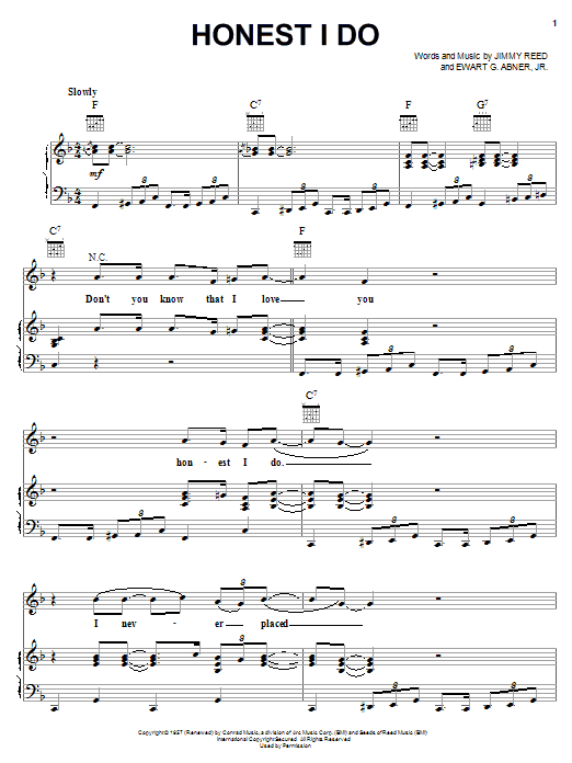 Preview Jimmy Reed Honest I Do Jazz sheet music, notes and chords for Piano, Vocal & Guitar (Right-Hand Melody), SKU: 16709 sheet music, piano notes, chords, guitar tabs, score, transpose, transcribe, how to play, guide, download, learn, tutorial, progression, song, artist, awards, billboard, mtv, vh1, tour, single, album, release