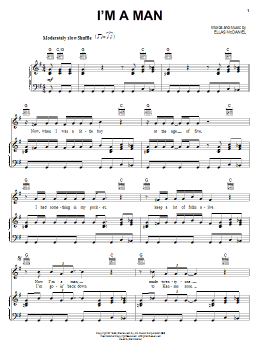 Preview Muddy Waters I'm A Man Pop sheet music, notes and chords for Piano, Vocal & Guitar (Right-Hand Melody), SKU: 16711 sheet music, piano notes, chords, guitar tabs, score, transpose, transcribe, how to play, guide, download, learn, tutorial, progression, song, artist, awards, billboard, mtv, vh1, tour, single, album, release