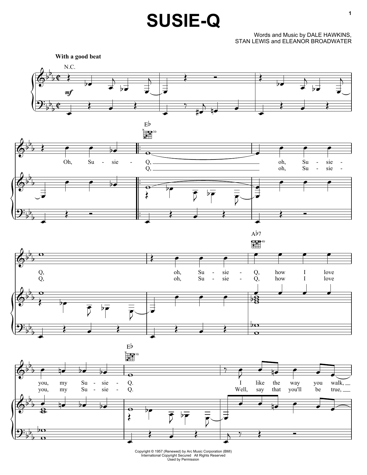 Preview Creedence Clearwater Revival Susie-Q Rock sheet music, notes and chords for Piano, Vocal & Guitar (Right-Hand Melody), SKU: 16718 sheet music, piano notes, chords, guitar tabs, score, transpose, transcribe, how to play, guide, download, learn, tutorial, progression, song, artist, awards, billboard, mtv, vh1, tour, single, album, release