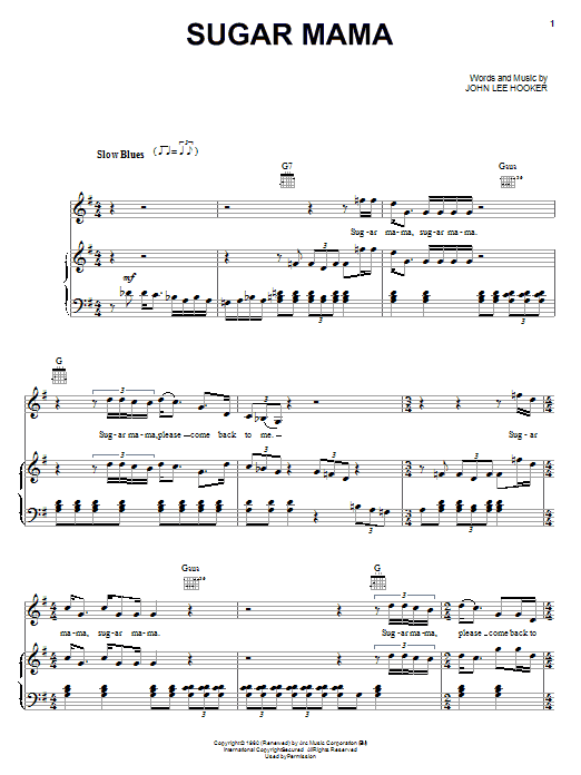 Preview John Lee Hooker Sugar Mama Blues sheet music, notes and chords for Piano, Vocal & Guitar (Right-Hand Melody), SKU: 16723 sheet music, piano notes, chords, guitar tabs, score, transpose, transcribe, how to play, guide, download, learn, tutorial, progression, song, artist, awards, billboard, mtv, vh1, tour, single, album, release