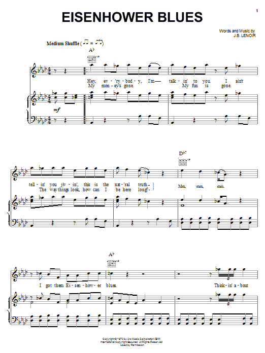 Preview J.B. Lenoir Eisenhower Blues Blues sheet music, notes and chords for Piano, Vocal & Guitar (Right-Hand Melody), SKU: 16725 sheet music, piano notes, chords, guitar tabs, score, transpose, transcribe, how to play, guide, download, learn, tutorial, progression, song, artist, awards, billboard, mtv, vh1, tour, single, album, release