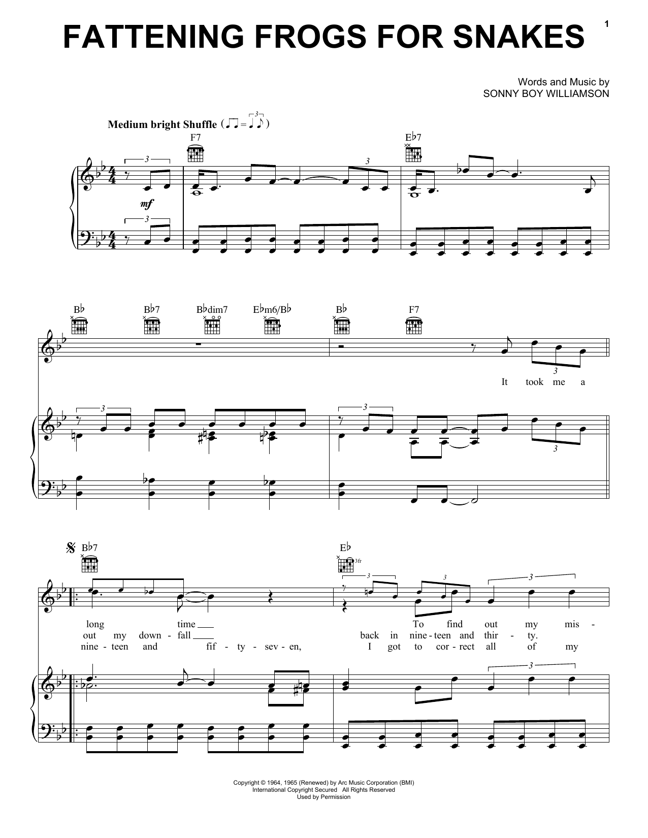 Preview Sonny Boy Williamson Fattening Frogs For Snakes Jazz sheet music, notes and chords for Piano, Vocal & Guitar (Right-Hand Melody), SKU: 16730 sheet music, piano notes, chords, guitar tabs, score, transpose, transcribe, how to play, guide, download, learn, tutorial, progression, song, artist, awards, billboard, mtv, vh1, tour, single, album, release