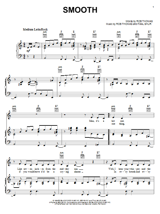 Preview Santana featuring Rob Thomas Smooth Pop sheet music, notes and chords for Piano, Vocal & Guitar (Right-Hand Melody), SKU: 16732 sheet music, piano notes, chords, guitar tabs, score, transpose, transcribe, how to play, guide, download, learn, tutorial, progression, song, artist, awards, billboard, mtv, vh1, tour, single, album, release