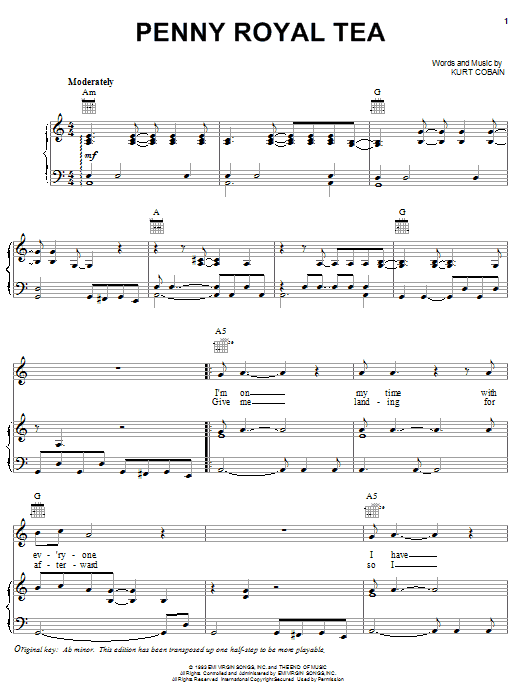 Preview Nirvana Penny Royal Tea Rock sheet music, notes and chords for Piano, Vocal & Guitar (Right-Hand Melody), SKU: 16734 sheet music, piano notes, chords, guitar tabs, score, transpose, transcribe, how to play, guide, download, learn, tutorial, progression, song, artist, awards, billboard, mtv, vh1, tour, single, album, release