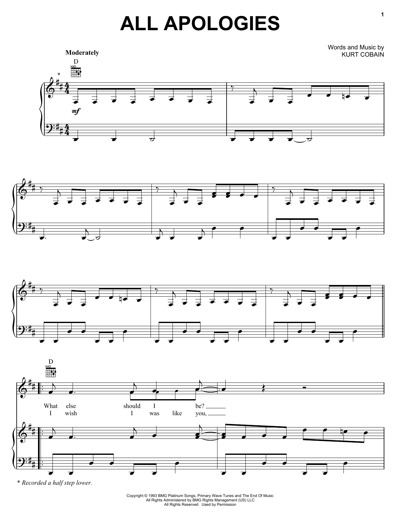 Preview Nirvana All Apologies Rock sheet music, notes and chords for Piano, Vocal & Guitar (Right-Hand Melody), SKU: 16735 sheet music, piano notes, chords, guitar tabs, score, transpose, transcribe, how to play, guide, download, learn, tutorial, progression, song, artist, awards, billboard, mtv, vh1, tour, single, album, release