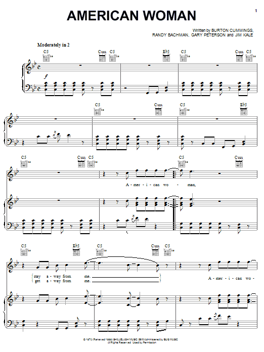 Preview The Guess Who American Woman Rock sheet music, notes and chords for Piano, Vocal & Guitar (Right-Hand Melody), SKU: 16736 sheet music, piano notes, chords, guitar tabs, score, transpose, transcribe, how to play, guide, download, learn, tutorial, progression, song, artist, awards, billboard, mtv, vh1, tour, single, album, release
