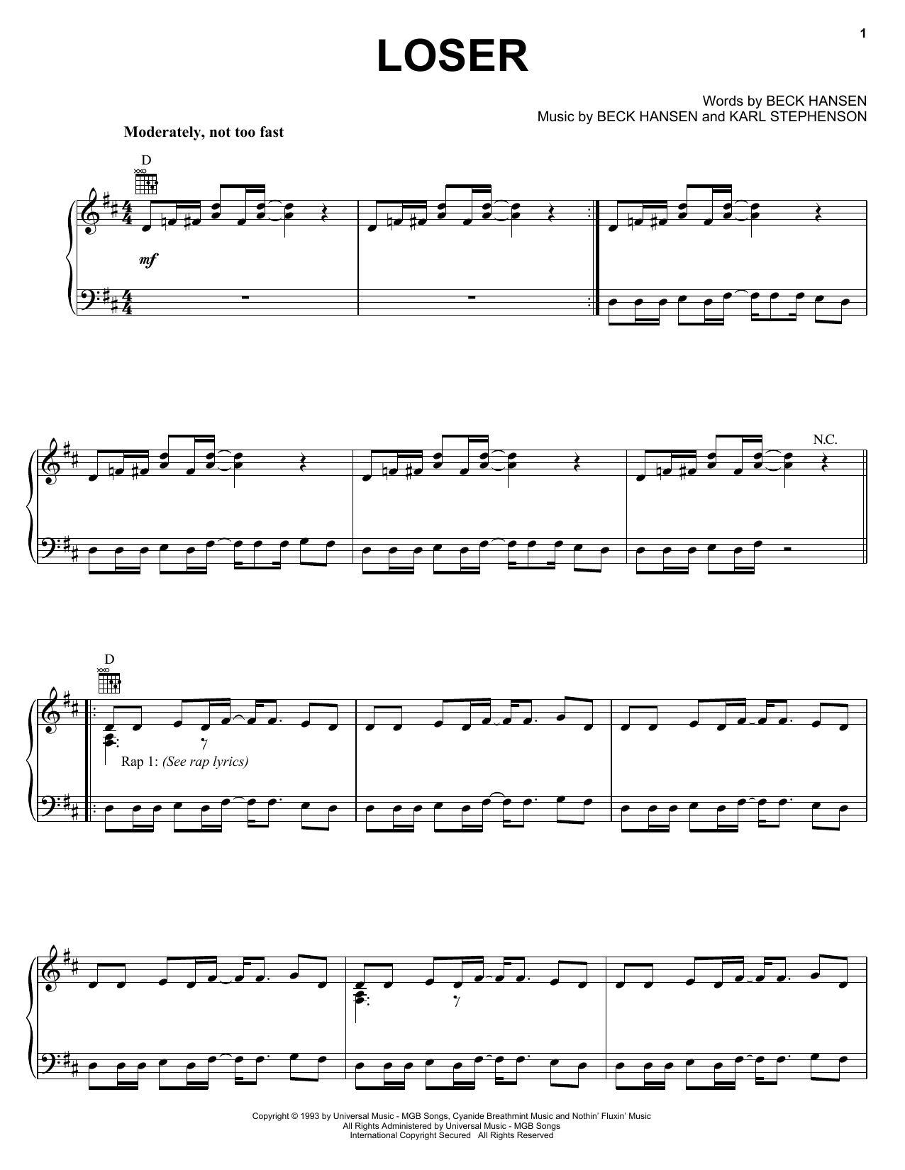 Preview Beck Loser Pop sheet music, notes and chords for Piano, Vocal & Guitar (Right-Hand Melody), SKU: 16738 sheet music, piano notes, chords, guitar tabs, score, transpose, transcribe, how to play, guide, download, learn, tutorial, progression, song, artist, awards, billboard, mtv, vh1, tour, single, album, release