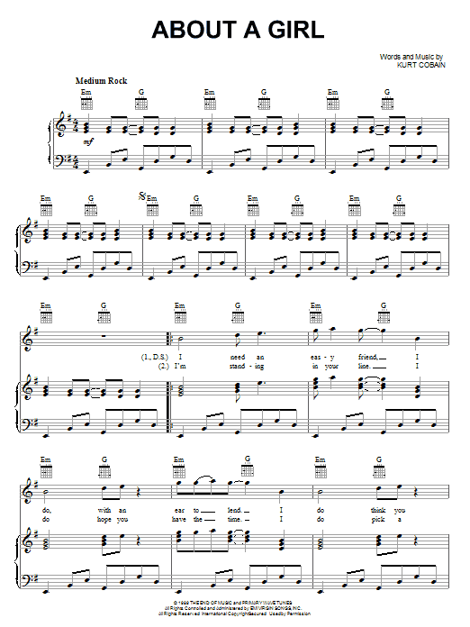 Preview Nirvana About A Girl Pop sheet music, notes and chords for Piano, Vocal & Guitar (Right-Hand Melody), SKU: 16739 sheet music, piano notes, chords, guitar tabs, score, transpose, transcribe, how to play, guide, download, learn, tutorial, progression, song, artist, awards, billboard, mtv, vh1, tour, single, album, release