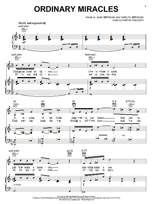 Preview Barbra Streisand Ordinary Miracles Pop sheet music, notes and chords for Piano, Vocal & Guitar (Right-Hand Melody), SKU: 16740 sheet music, piano notes, chords, guitar tabs, score, transpose, transcribe, how to play, guide, download, learn, tutorial, progression, song, artist, awards, billboard, mtv, vh1, tour, single, album, release