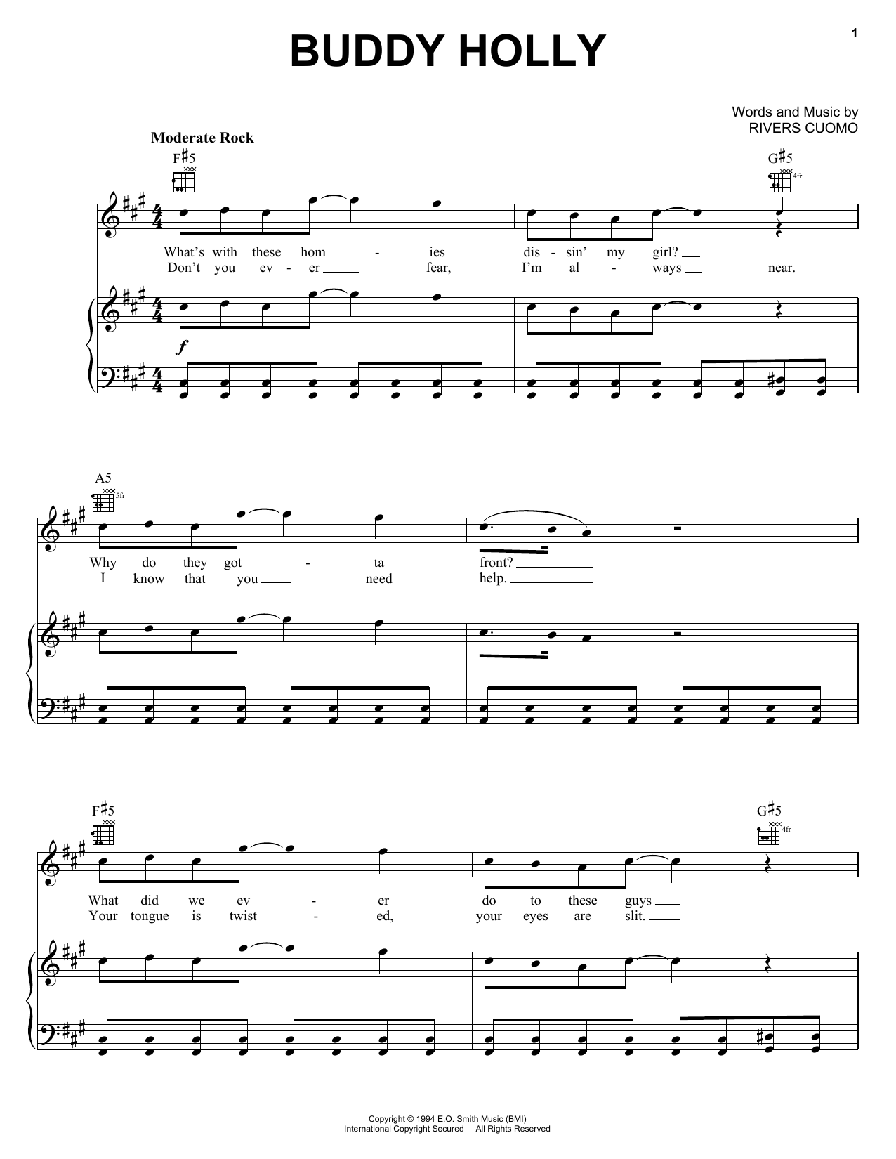 Preview Weezer Buddy Holly Pop sheet music, notes and chords for Piano, Vocal & Guitar (Right-Hand Melody), SKU: 16742 sheet music, piano notes, chords, guitar tabs, score, transpose, transcribe, how to play, guide, download, learn, tutorial, progression, song, artist, awards, billboard, mtv, vh1, tour, single, album, release