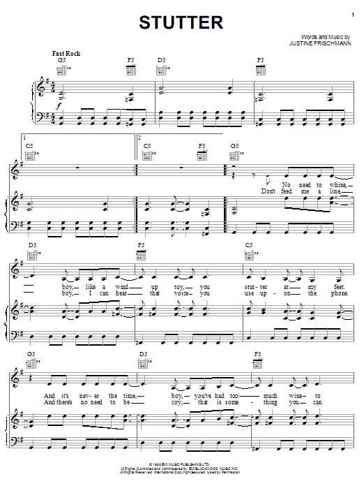 Preview Elastica Stutter Pop sheet music, notes and chords for Piano, Vocal & Guitar (Right-Hand Melody), SKU: 16744 sheet music, piano notes, chords, guitar tabs, score, transpose, transcribe, how to play, guide, download, learn, tutorial, progression, song, artist, awards, billboard, mtv, vh1, tour, single, album, release