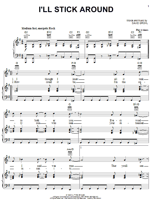 Preview Foo Fighters I'll Stick Around Pop sheet music, notes and chords for Piano, Vocal & Guitar (Right-Hand Melody), SKU: 16745 sheet music, piano notes, chords, guitar tabs, score, transpose, transcribe, how to play, guide, download, learn, tutorial, progression, song, artist, awards, billboard, mtv, vh1, tour, single, album, release