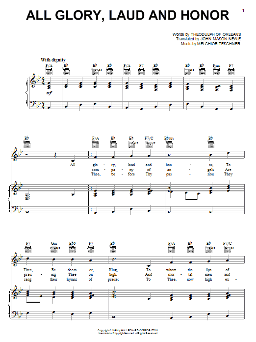 Preview John Mason Neale All Glory, Laud And Honor Hymn sheet music, notes and chords for Piano, Vocal & Guitar (Right-Hand Melody), SKU: 16746 sheet music, piano notes, chords, guitar tabs, score, transpose, transcribe, how to play, guide, download, learn, tutorial, progression, song, artist, awards, billboard, mtv, vh1, tour, single, album, release