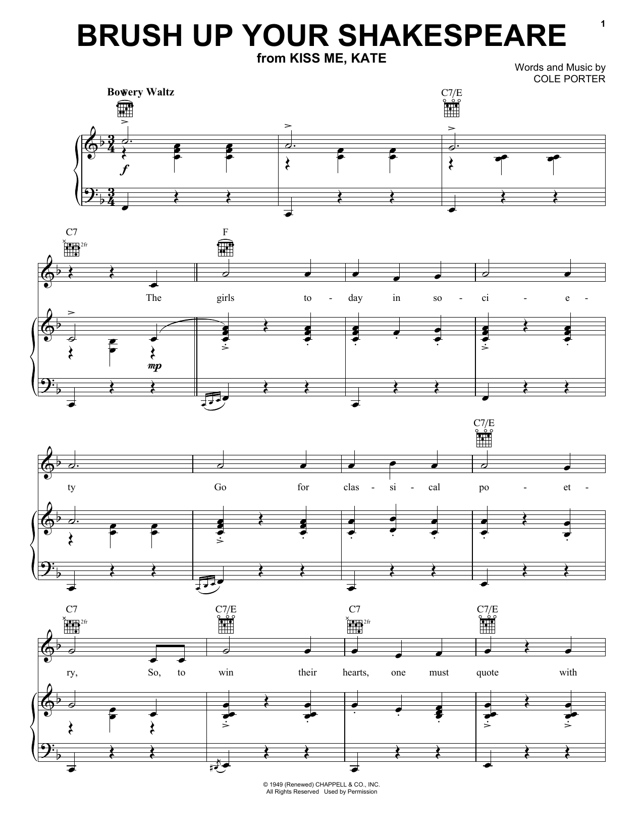 Preview Cole Porter Brush Up Your Shakespeare Musicals sheet music, notes and chords for Piano, Vocal & Guitar (Right-Hand Melody), SKU: 16750 sheet music, piano notes, chords, guitar tabs, score, transpose, transcribe, how to play, guide, download, learn, tutorial, progression, song, artist, awards, billboard, mtv, vh1, tour, single, album, release