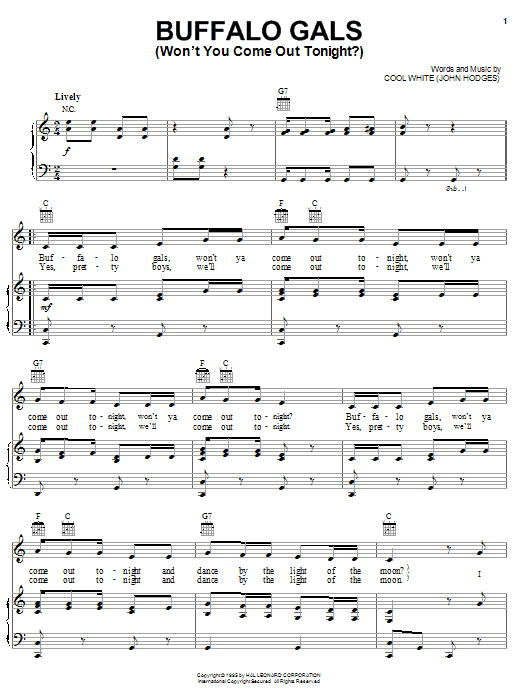 Preview Cool White Buffalo Gals (Won't You Come Out Tonight?) Jazz sheet music, notes and chords for Piano, Vocal & Guitar (Right-Hand Melody), SKU: 16751 sheet music, piano notes, chords, guitar tabs, score, transpose, transcribe, how to play, guide, download, learn, tutorial, progression, song, artist, awards, billboard, mtv, vh1, tour, single, album, release