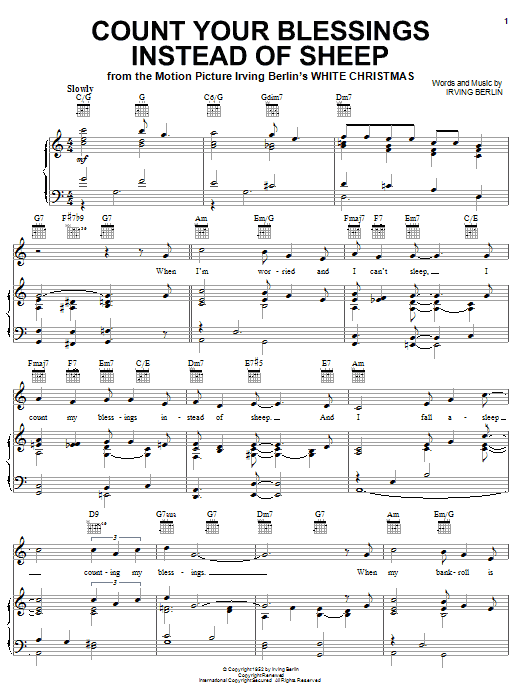 Preview Irving Berlin Count Your Blessings Instead Of Sheep Film and TV sheet music, notes and chords for Piano, Vocal & Guitar (Right-Hand Melody), SKU: 16755 sheet music, piano notes, chords, guitar tabs, score, transpose, transcribe, how to play, guide, download, learn, tutorial, progression, song, artist, awards, billboard, mtv, vh1, tour, single, album, release