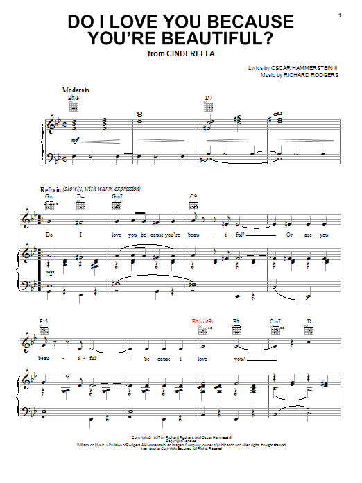 Preview Rodgers & Hammerstein Do I Love You Because You're Beautiful? Pop sheet music, notes and chords for Piano, Vocal & Guitar (Right-Hand Melody), SKU: 16757 sheet music, piano notes, chords, guitar tabs, score, transpose, transcribe, how to play, guide, download, learn, tutorial, progression, song, artist, awards, billboard, mtv, vh1, tour, single, album, release