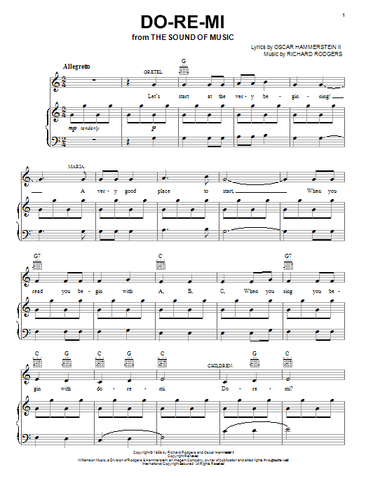 Preview Rodgers & Hammerstein Do-Re-Mi Film and TV sheet music, notes and chords for Piano, Vocal & Guitar (Right-Hand Melody), SKU: 16758 sheet music, piano notes, chords, guitar tabs, score, transpose, transcribe, how to play, guide, download, learn, tutorial, progression, song, artist, awards, billboard, mtv, vh1, tour, single, album, release