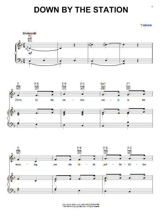 Preview Traditional Down By The Station Children sheet music, notes and chords for Piano, Vocal & Guitar (Right-Hand Melody), SKU: 16759 sheet music, piano notes, chords, guitar tabs, score, transpose, transcribe, how to play, guide, download, learn, tutorial, progression, song, artist, awards, billboard, mtv, vh1, tour, single, album, release