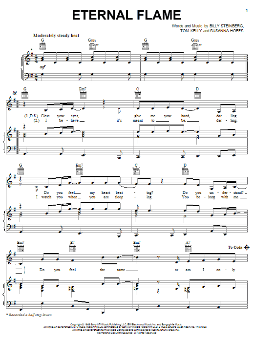 Preview The Bangles Eternal Flame Rock sheet music, notes and chords for Piano, Vocal & Guitar (Right-Hand Melody), SKU: 16760 sheet music, piano notes, chords, guitar tabs, score, transpose, transcribe, how to play, guide, download, learn, tutorial, progression, song, artist, awards, billboard, mtv, vh1, tour, single, album, release