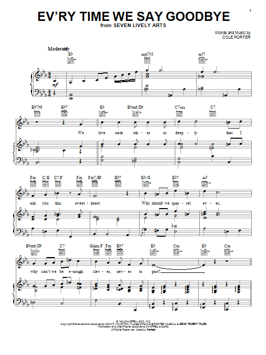 Preview Cole Porter Ev'ry Time We Say Goodbye Folk sheet music, notes and chords for Piano, Vocal & Guitar (Right-Hand Melody), SKU: 16761 sheet music, piano notes, chords, guitar tabs, score, transpose, transcribe, how to play, guide, download, learn, tutorial, progression, song, artist, awards, billboard, mtv, vh1, tour, single, album, release
