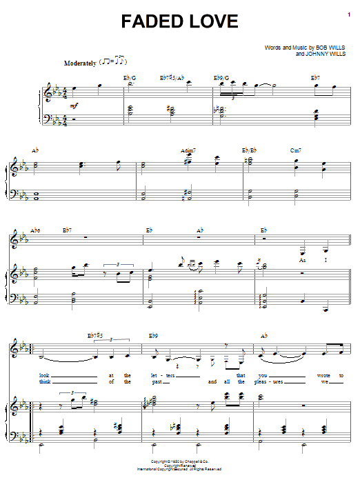 Preview Bob Wills Faded Love Country sheet music, notes and chords for Piano, Vocal & Guitar (Right-Hand Melody), SKU: 16762 sheet music, piano notes, chords, guitar tabs, score, transpose, transcribe, how to play, guide, download, learn, tutorial, progression, song, artist, awards, billboard, mtv, vh1, tour, single, album, release
