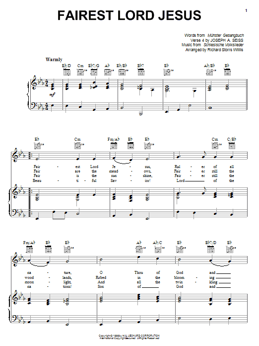 Preview Munster Gesangbuch Fairest Lord Jesus Hymn sheet music, notes and chords for Piano, Vocal & Guitar (Right-Hand Melody), SKU: 16763 sheet music, piano notes, chords, guitar tabs, score, transpose, transcribe, how to play, guide, download, learn, tutorial, progression, song, artist, awards, billboard, mtv, vh1, tour, single, album, release