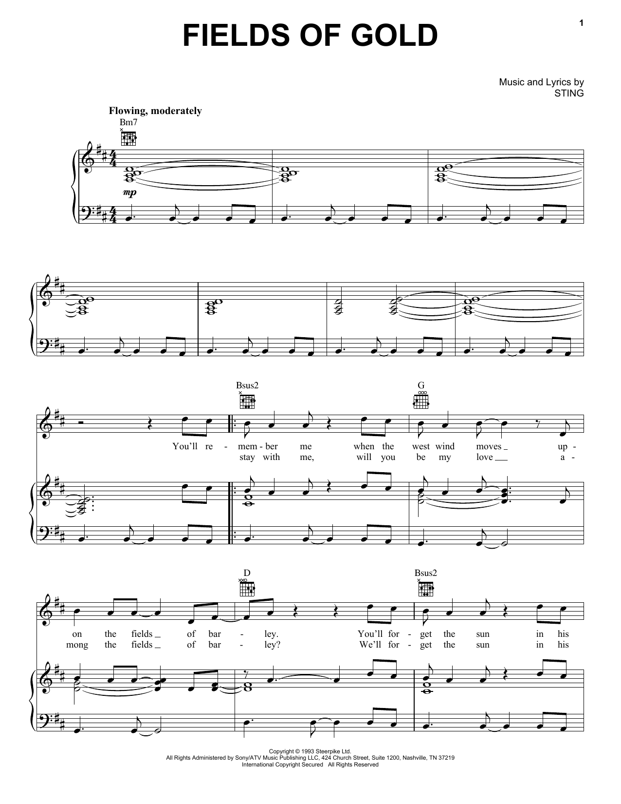 Preview Sting Fields Of Gold Pop sheet music, notes and chords for Piano, Vocal & Guitar (Right-Hand Melody), SKU: 16764 sheet music, piano notes, chords, guitar tabs, score, transpose, transcribe, how to play, guide, download, learn, tutorial, progression, song, artist, awards, billboard, mtv, vh1, tour, single, album, release